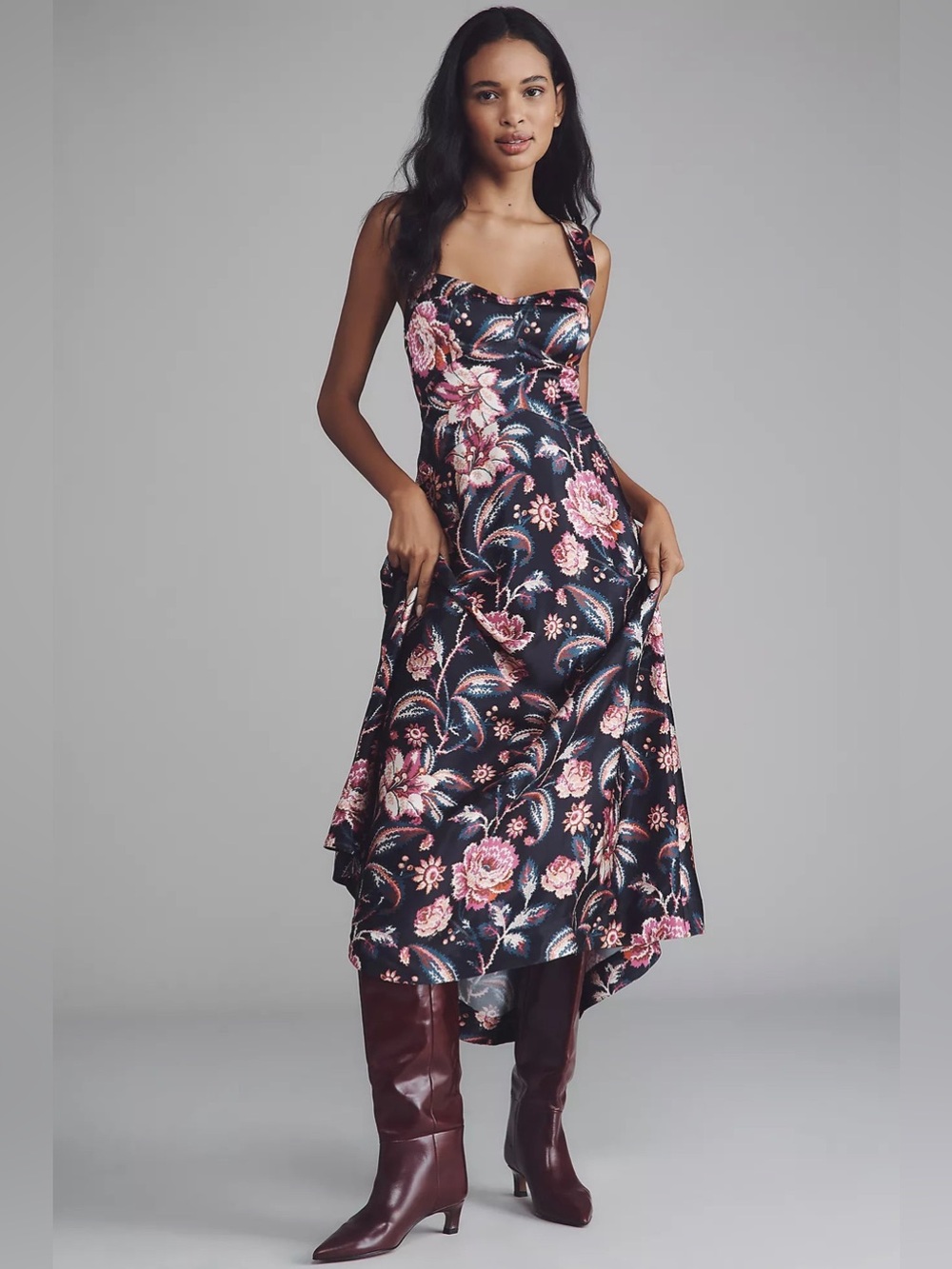 Anthropologie Romantic Glam Satin Floral Midi Slip Dress NWT S Flowy Coquette